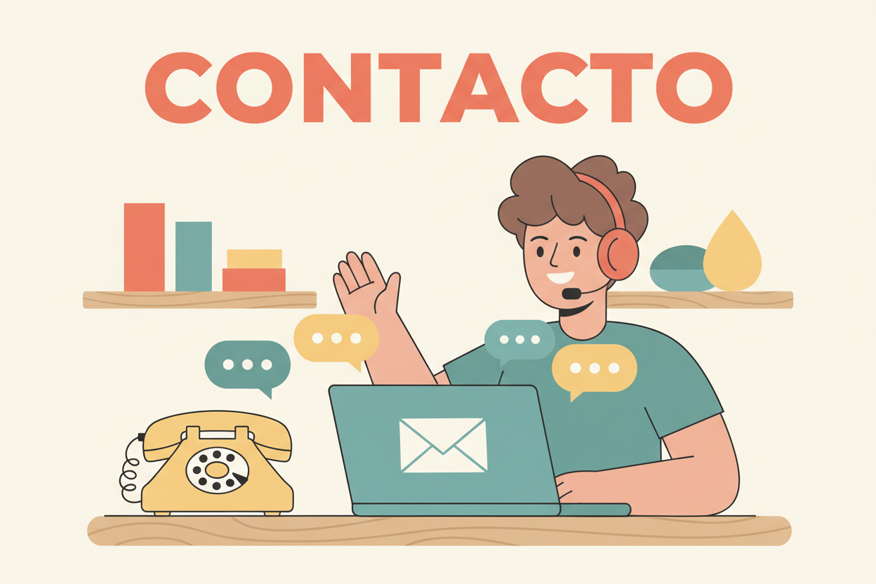 A friendly, flat vector illustration for an online shop "Contact Us" section. The scene shows a stylized desk with a vintage telephone, an open laptop displaying an email envelope icon, and floating chat bubbles with three dots. A smiling character with a headset is waving. In the background, there are stylized shelves with products. The color palette is warm and inviting (coral, teal, soft yellow). Large text at the top says "CONTACTO". Clean lines, modern design.